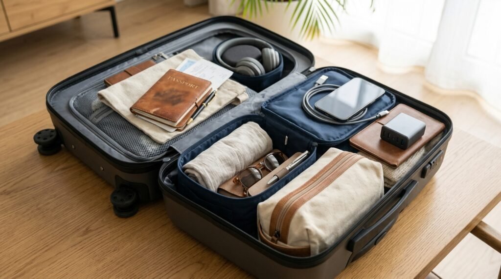 organized carry-on bag with essential travel items