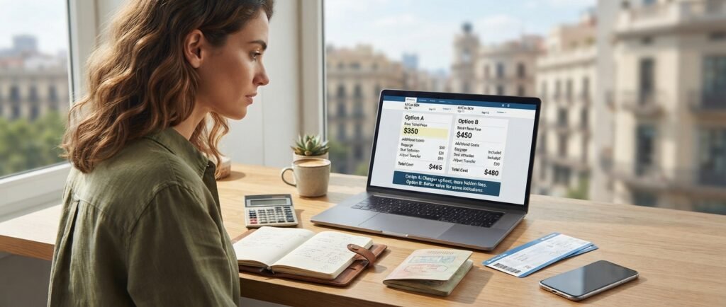Traveler comparing airfare, baggage and additional flight costs