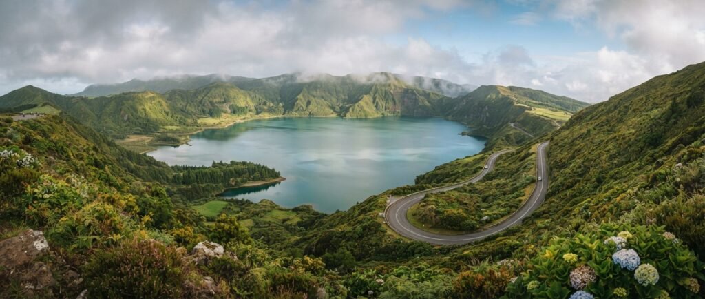 São Miguel Azores volcanic landscape and scenic lake