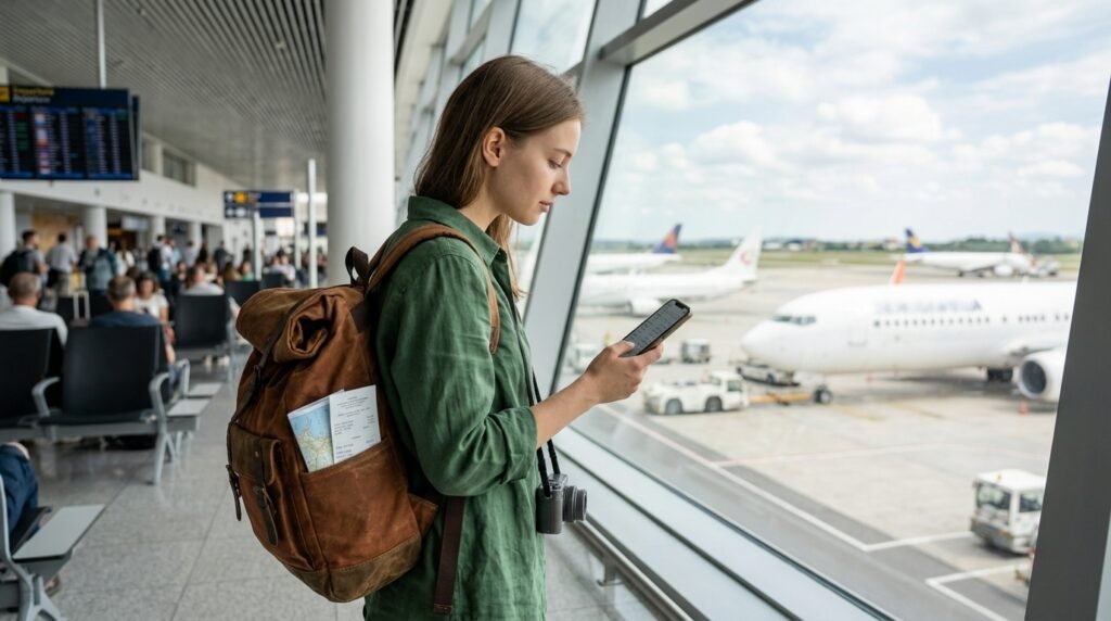 Traveler comparing flights to save money on travel