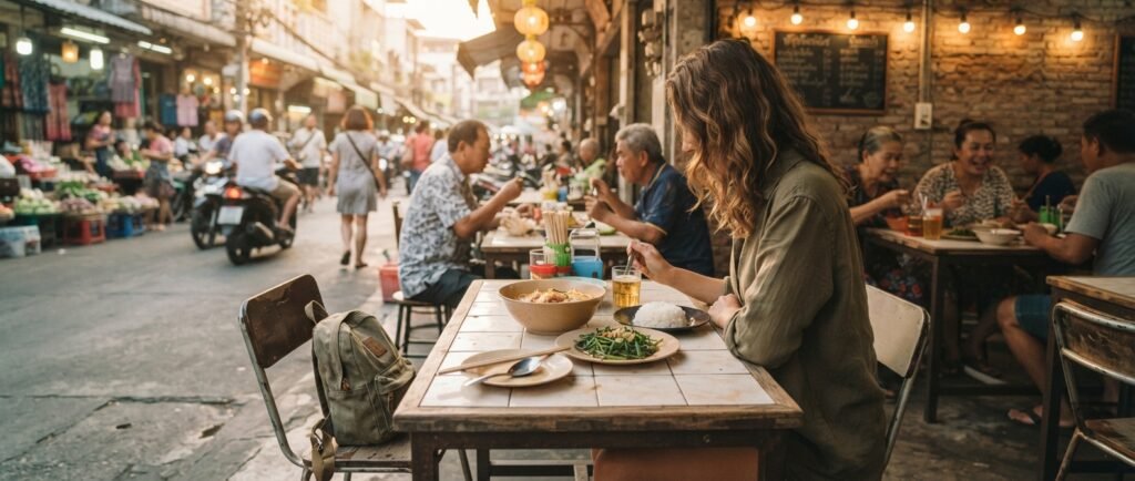 Budget traveler enjoying affordable local food while traveling
