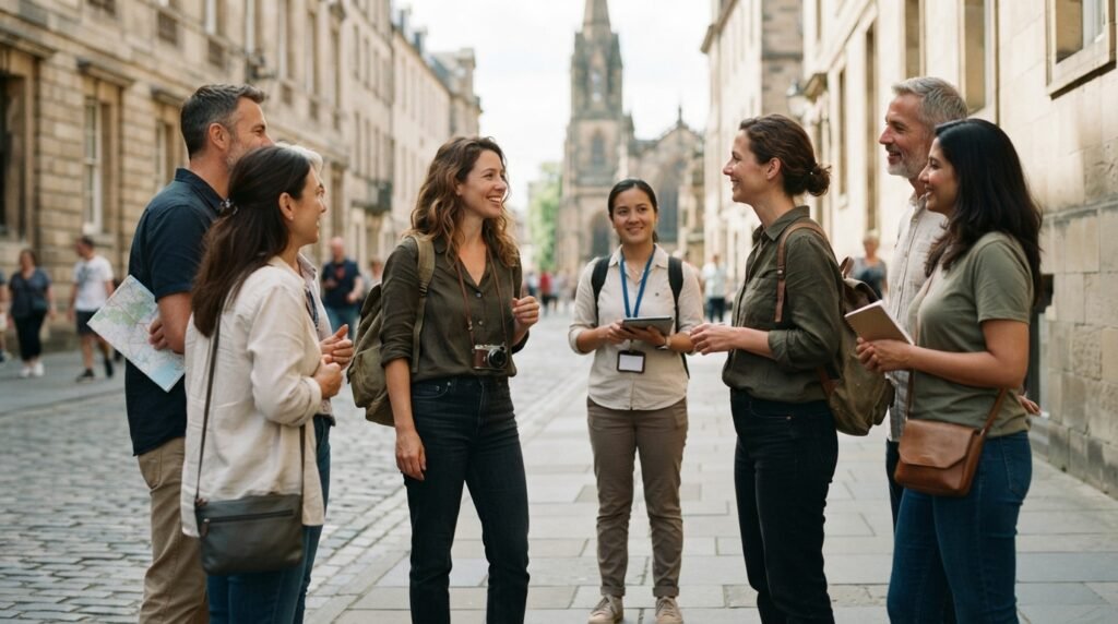 solo traveler meeting people during a group walking tour