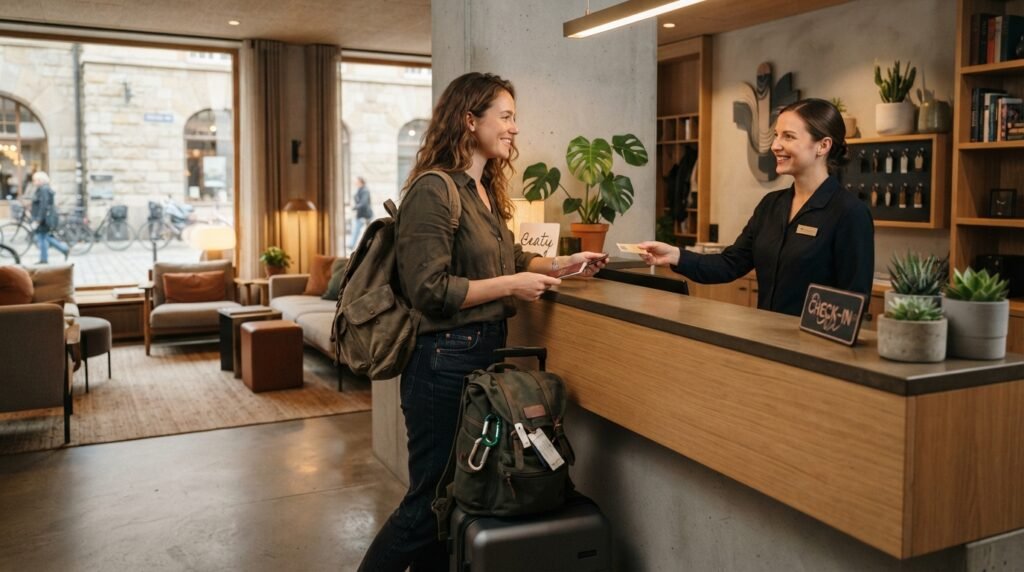 solo traveler arriving at safe hotel accommodation