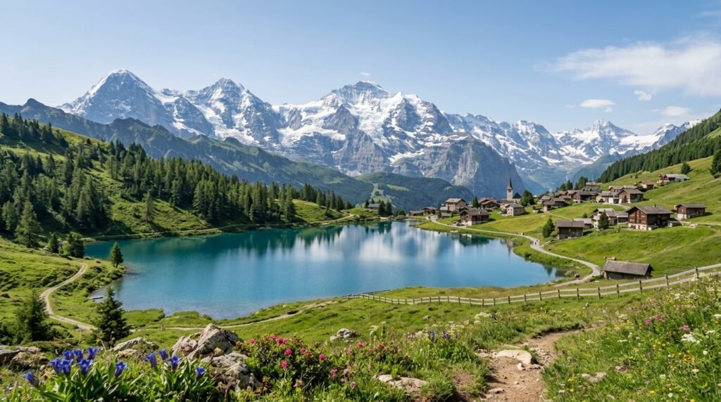 Swiss Alps mountains and lake in Switzerland