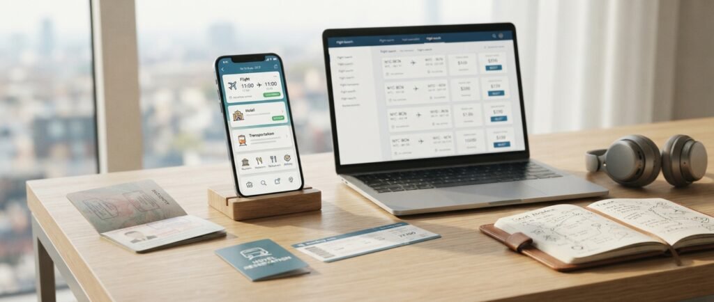 Smartphone showing travel itinerary with flight and hotel planning