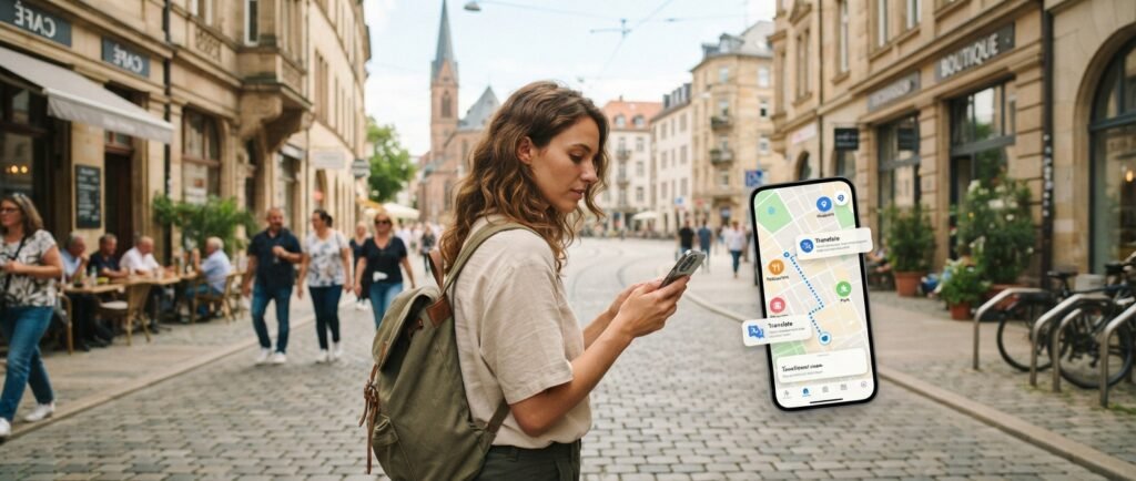 Traveler using navigation and translation apps while exploring a new destination