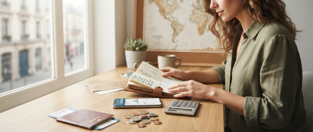 Traveler planning flights accommodation food and transportation expenses