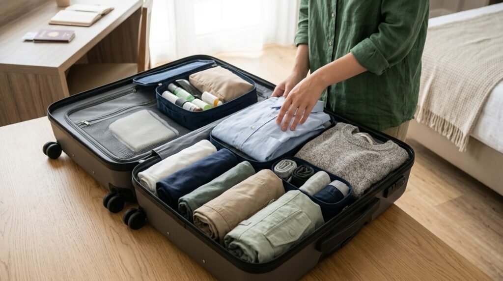 organized clothing packed in a suitcase for travel